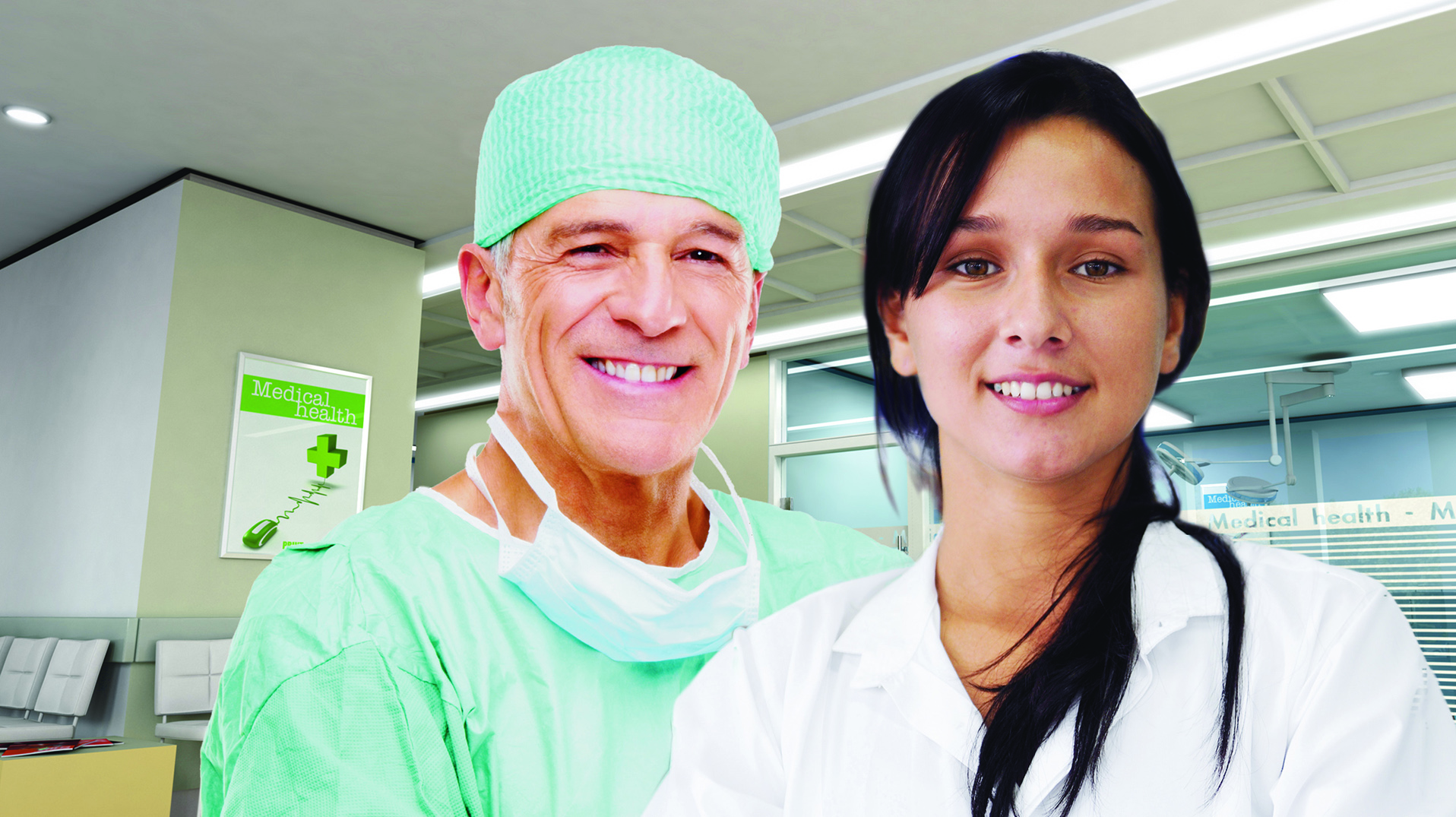 Mann und Frau mit OP-Schutzkleidung bzw. weißem Kittel zur Bebilderung des Dienstleistungbereichs Gesundheit